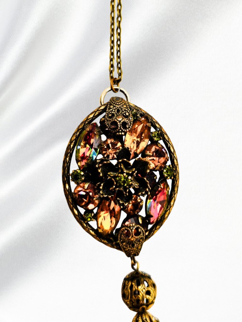 Vintage Style Amber Rhinestone Filigree Pendant Necklace Victorian Art Nouveau - Picture 6 of 8